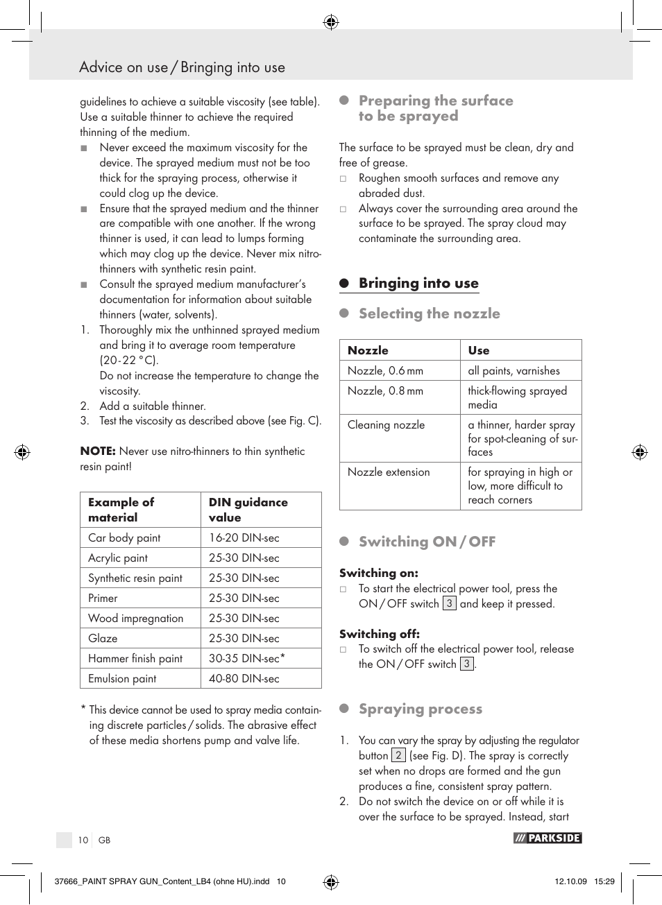 Advice on use / bringing into use, Preparing the surface to be sprayed, Bringing into use | Selecting the nozzle, Switching on / off, Spraying process | Parkside PFSP 100 User Manual | Page 10 / 64