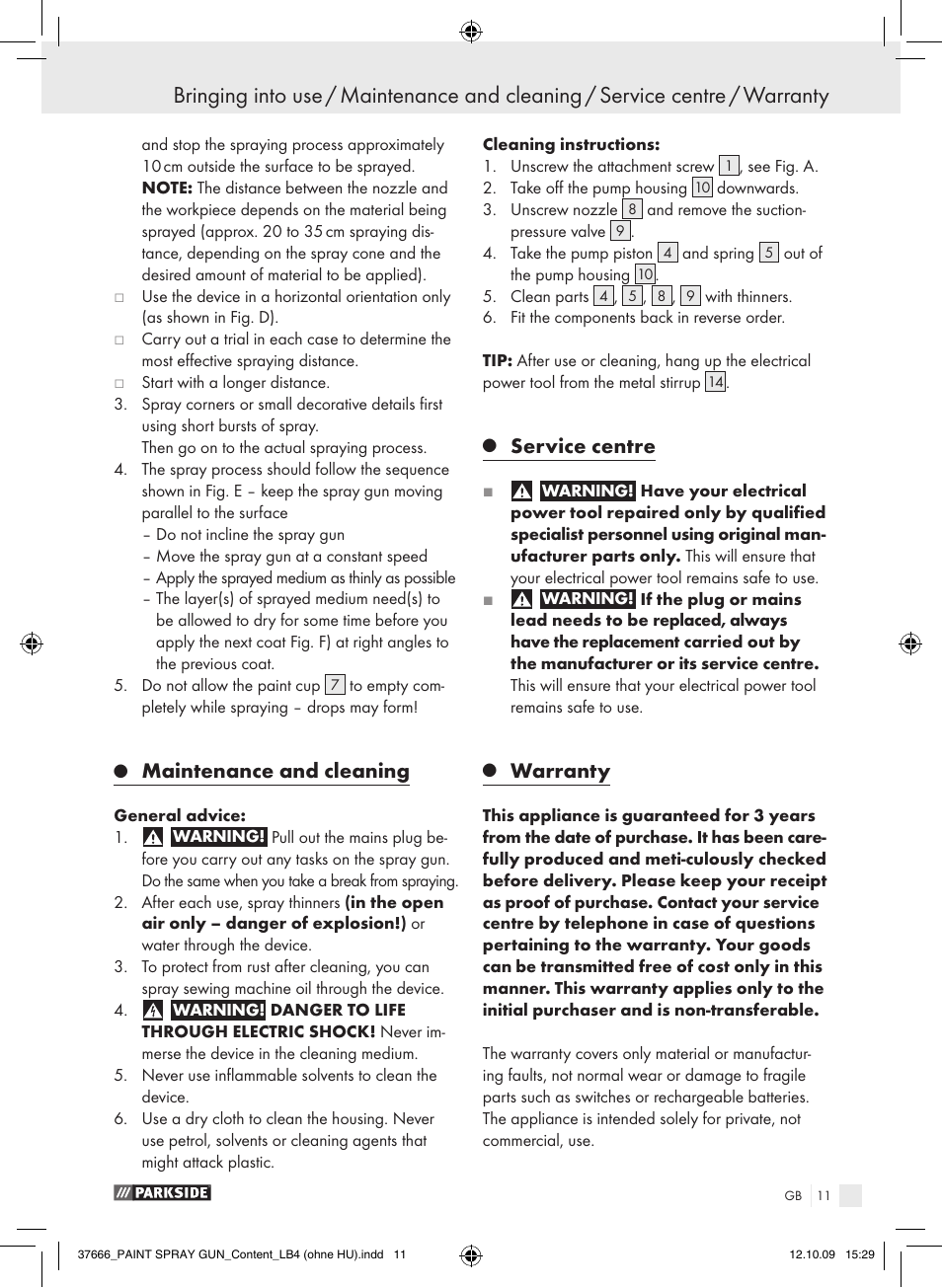Maintenance and cleaning, Service centre, Warranty | Parkside PFSP 100 User Manual | Page 11 / 64