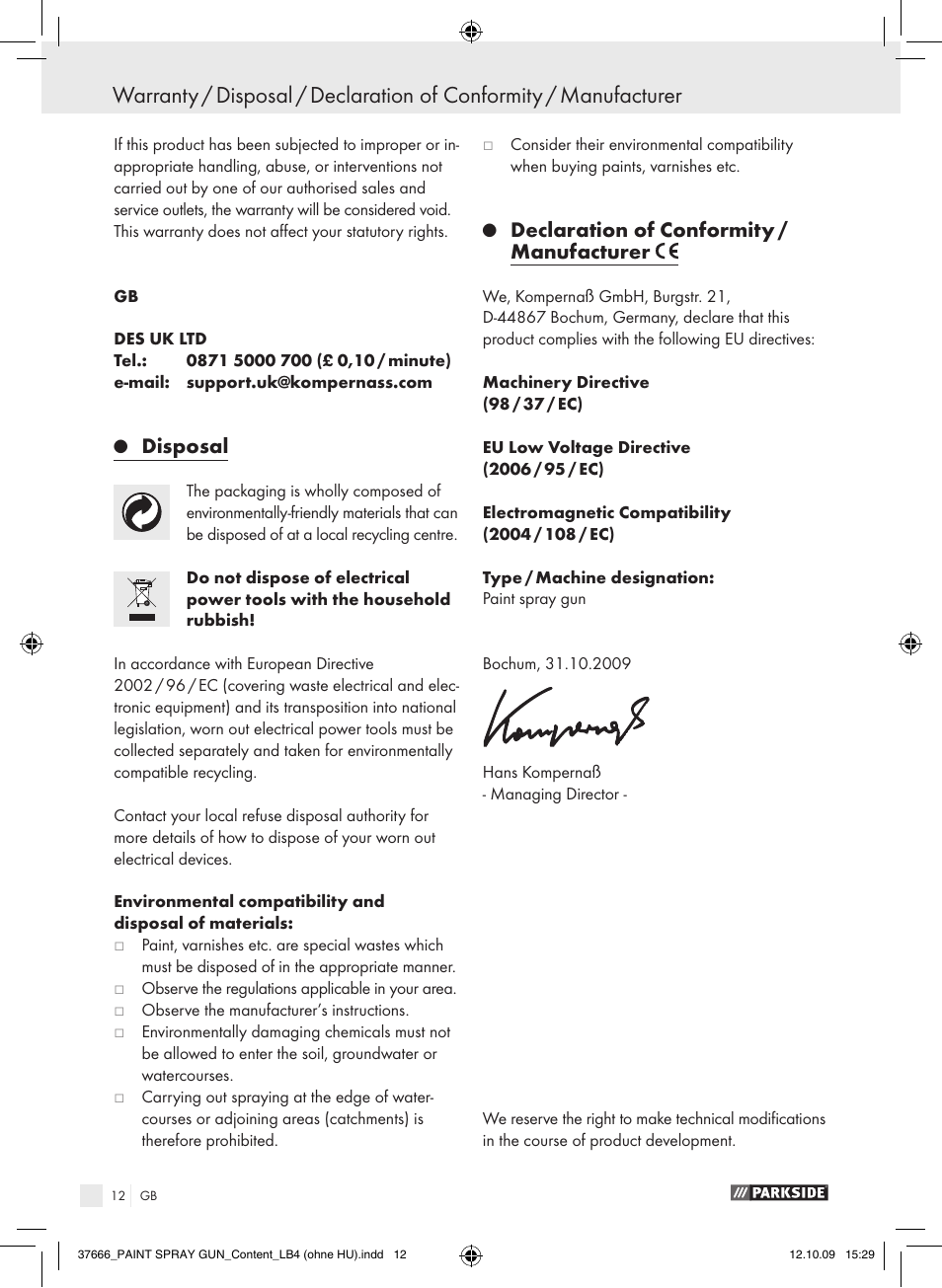 Disposal, Declaration of conformity / manufacturer | Parkside PFSP 100 User Manual | Page 12 / 64