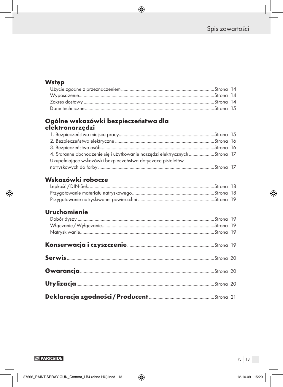 Spis zawartości | Parkside PFSP 100 User Manual | Page 13 / 64