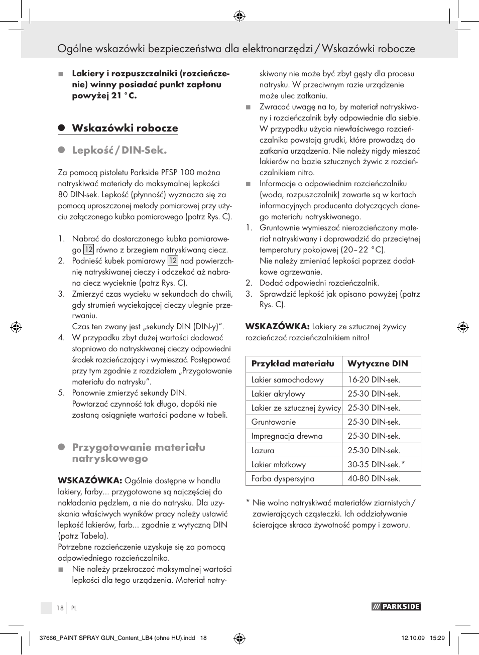 Wskazówki robocze, Lepkość / din-sek, Przygotowanie materiału natryskowego | Parkside PFSP 100 User Manual | Page 18 / 64