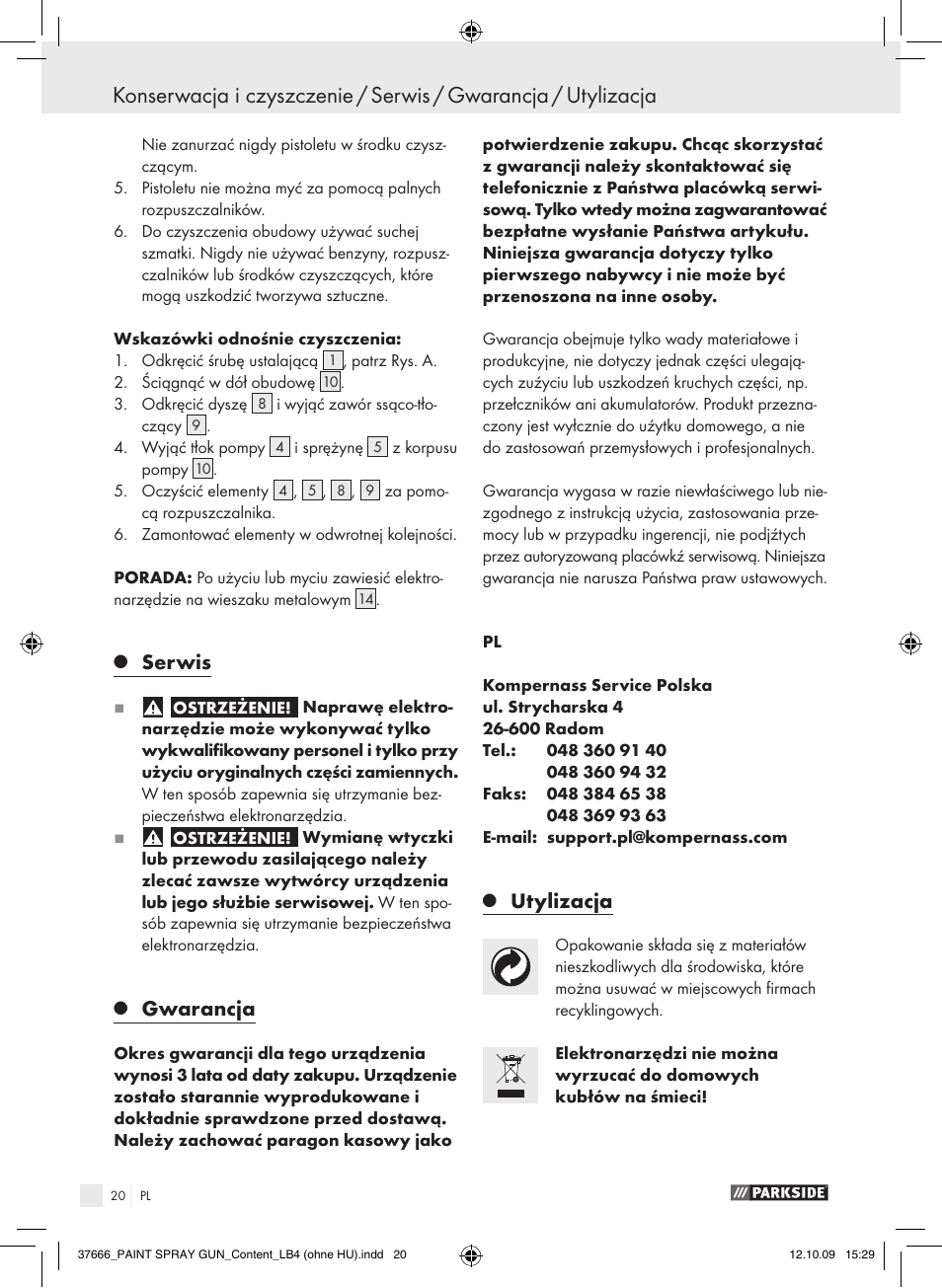 Serwis, Gwarancja, Utylizacja | Parkside PFSP 100 User Manual | Page 20 / 64