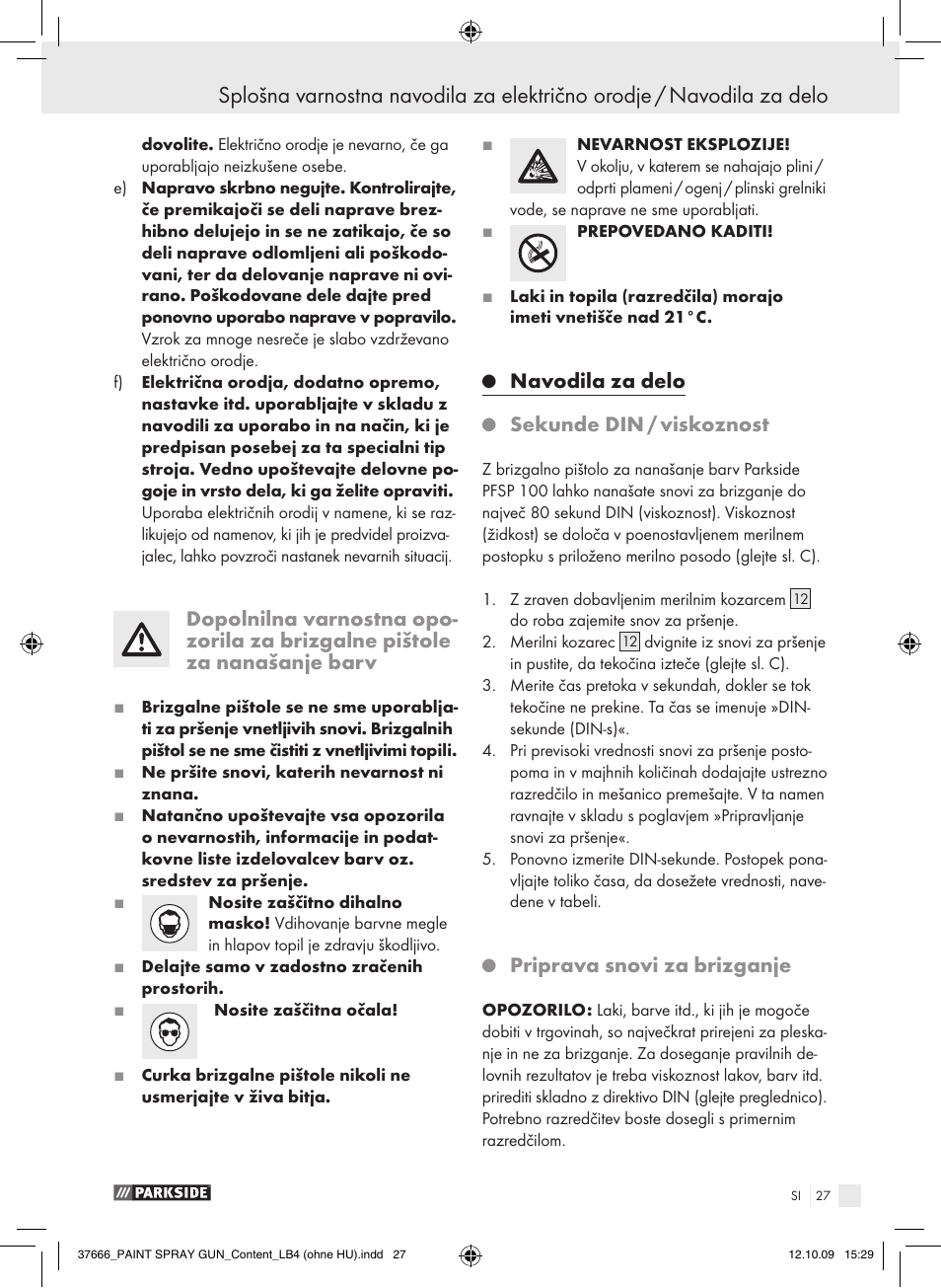 Navodila za delo, Sekunde din / viskoznost, Priprava snovi za brizganje | Parkside PFSP 100 User Manual | Page 27 / 64