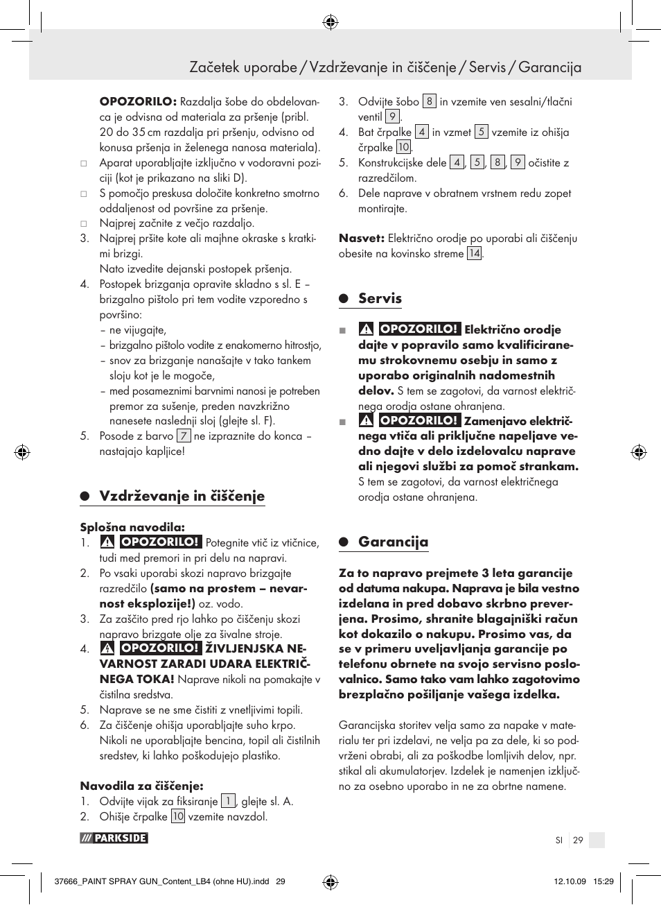 Vzdrževanje in čiščenje, Servis, Garancija | Parkside PFSP 100 User Manual | Page 29 / 64