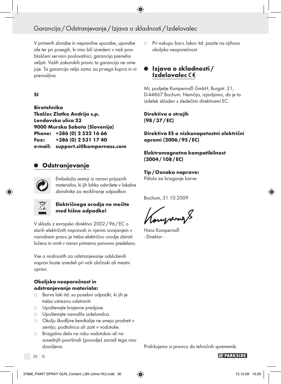 Odstranjevanje, Izjava o skladnosti / izdelovalec | Parkside PFSP 100 User Manual | Page 30 / 64