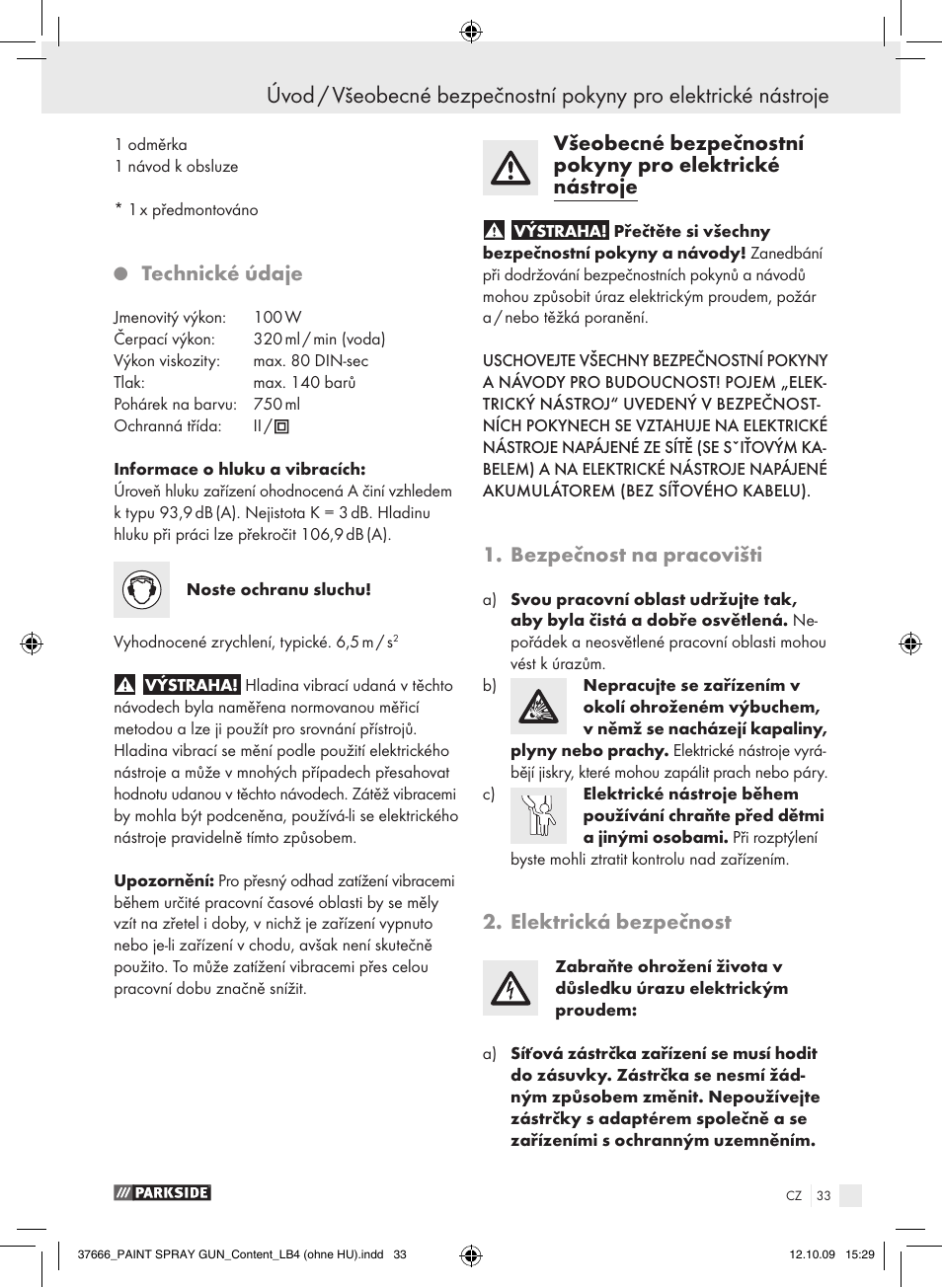 Technické údaje, Bezpečnost na pracovišti, Elektrická bezpečnost | Parkside PFSP 100 User Manual | Page 33 / 64