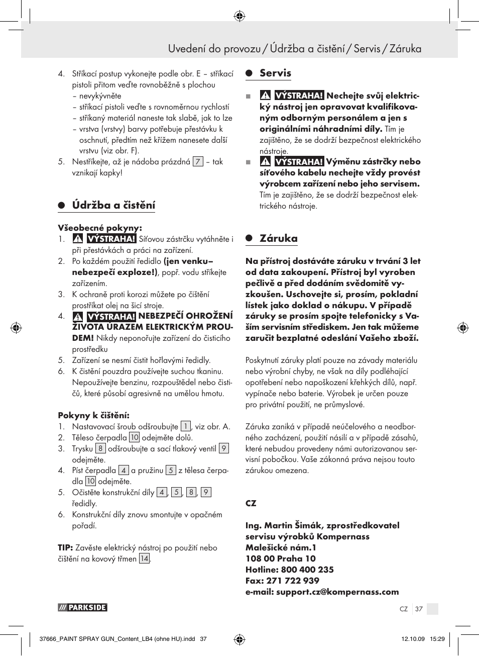 Údržba a čistění, Servis, Záruka | Parkside PFSP 100 User Manual | Page 37 / 64