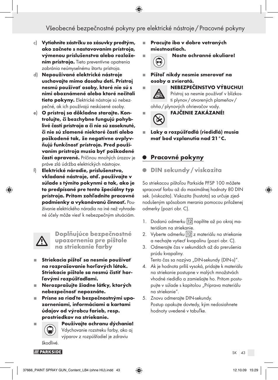 Pracovné pokyny, Din sekundy / viskozita | Parkside PFSP 100 User Manual | Page 43 / 64