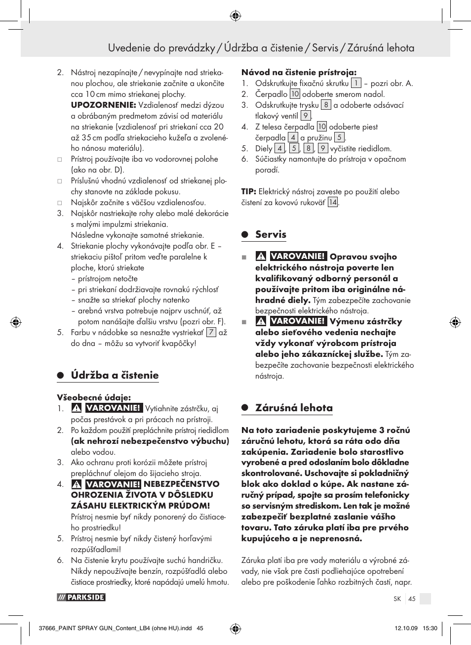Údržba a čistenie, Servis, Záruśná lehota | Parkside PFSP 100 User Manual | Page 45 / 64