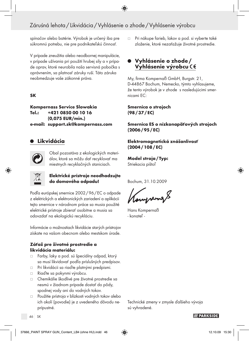 Likvidácia, Vyhlásenie o zhode / vyhlásenie výrobcu | Parkside PFSP 100 User Manual | Page 46 / 64
