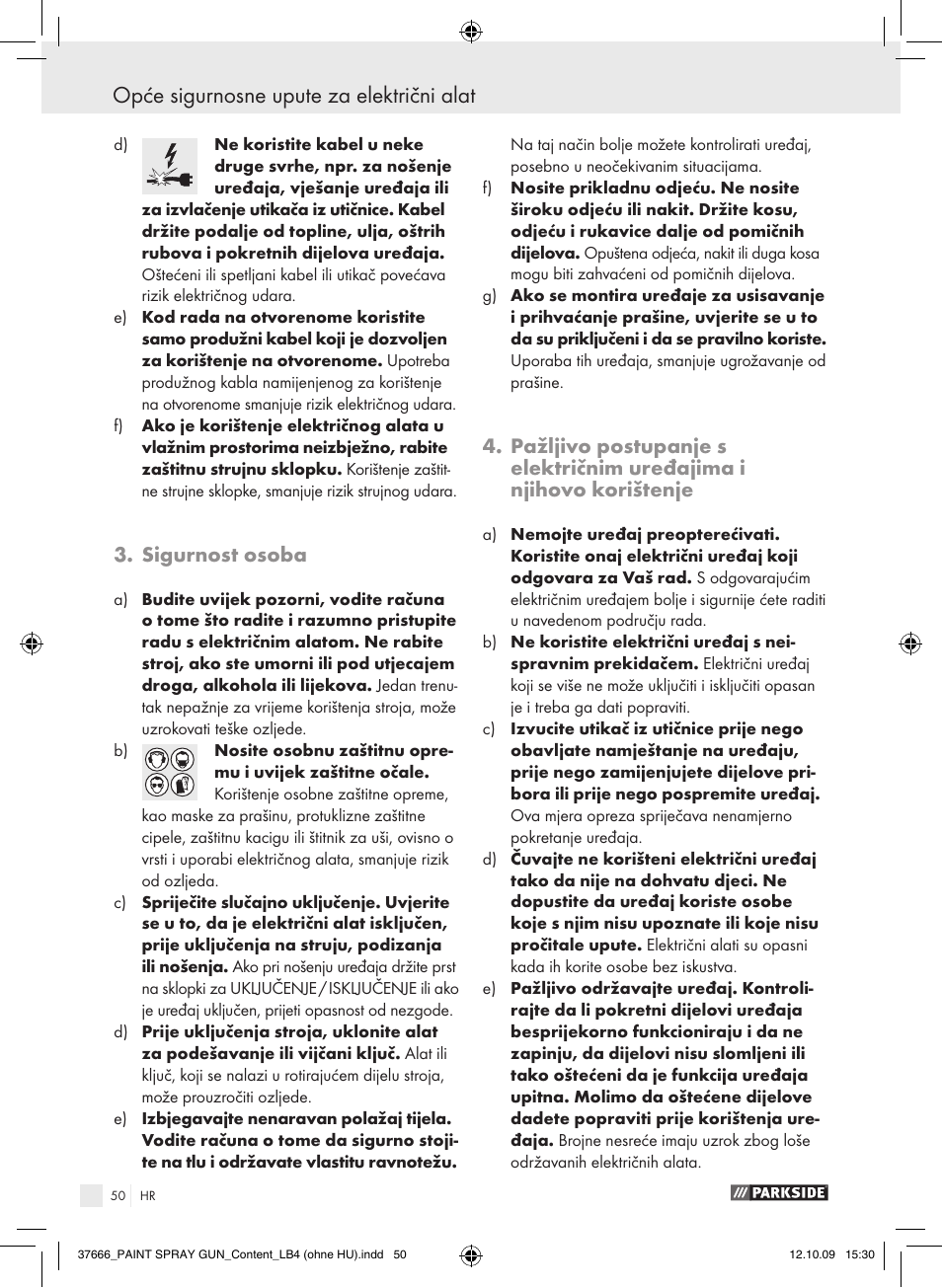 Opće sigurnosne upute za električni alat, Sigurnost osoba | Parkside PFSP 100 User Manual | Page 50 / 64