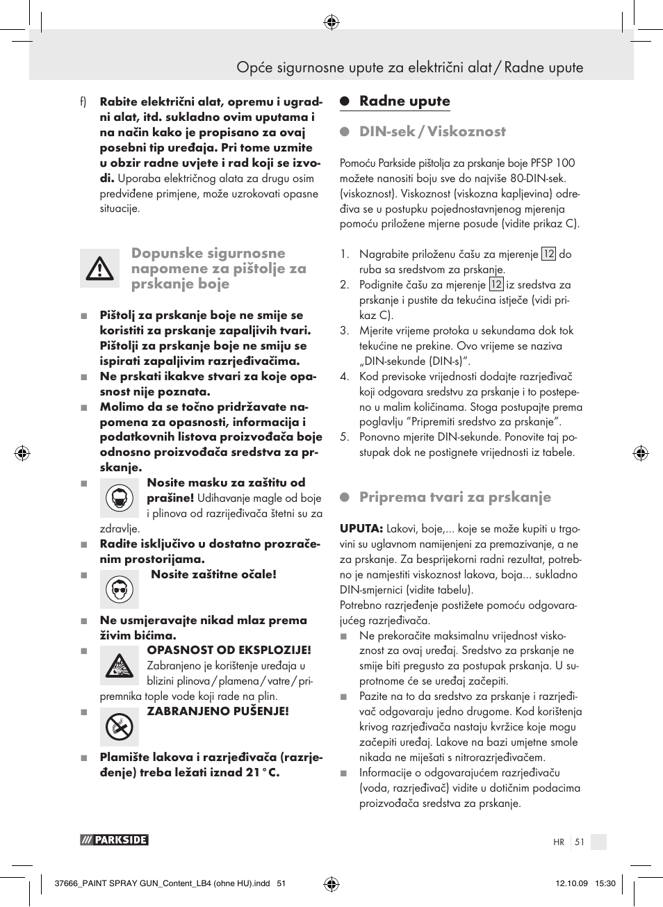 Radne upute, Din-sek / viskoznost, Priprema tvari za prskanje | Parkside PFSP 100 User Manual | Page 51 / 64