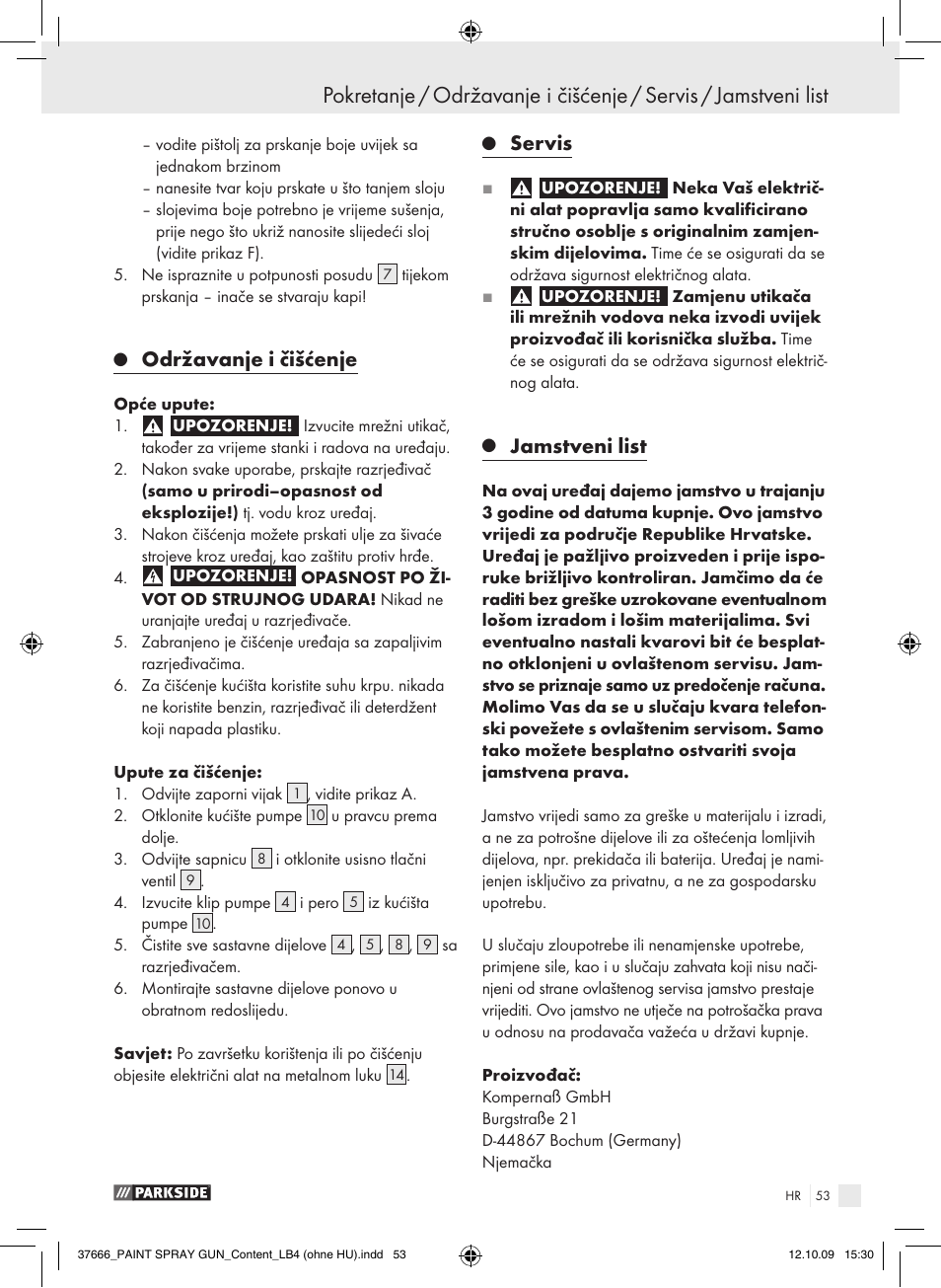 Održavanje i čišćenje, Servis, Jamstveni list | Parkside PFSP 100 User Manual | Page 53 / 64