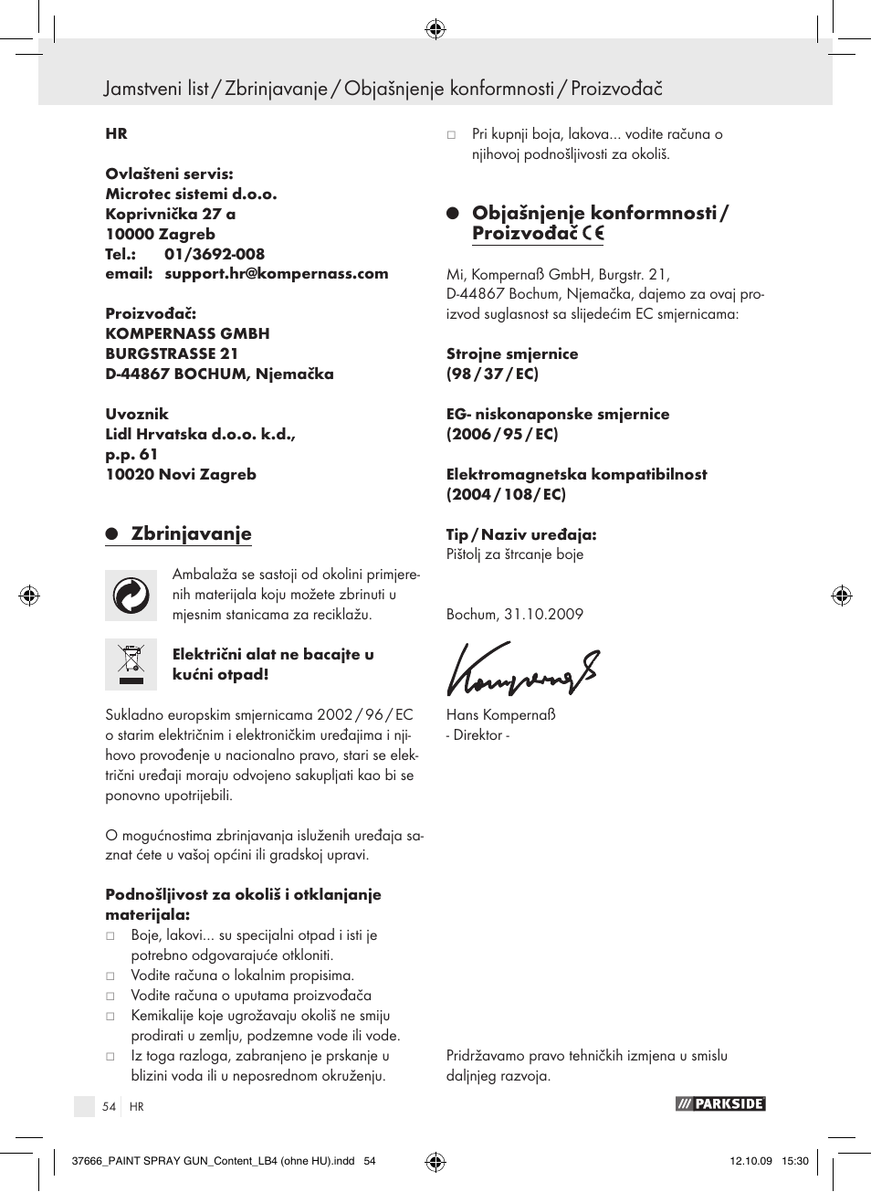 Zbrinjavanje, Objašnjenje konformnosti / proizvođač | Parkside PFSP 100 User Manual | Page 54 / 64