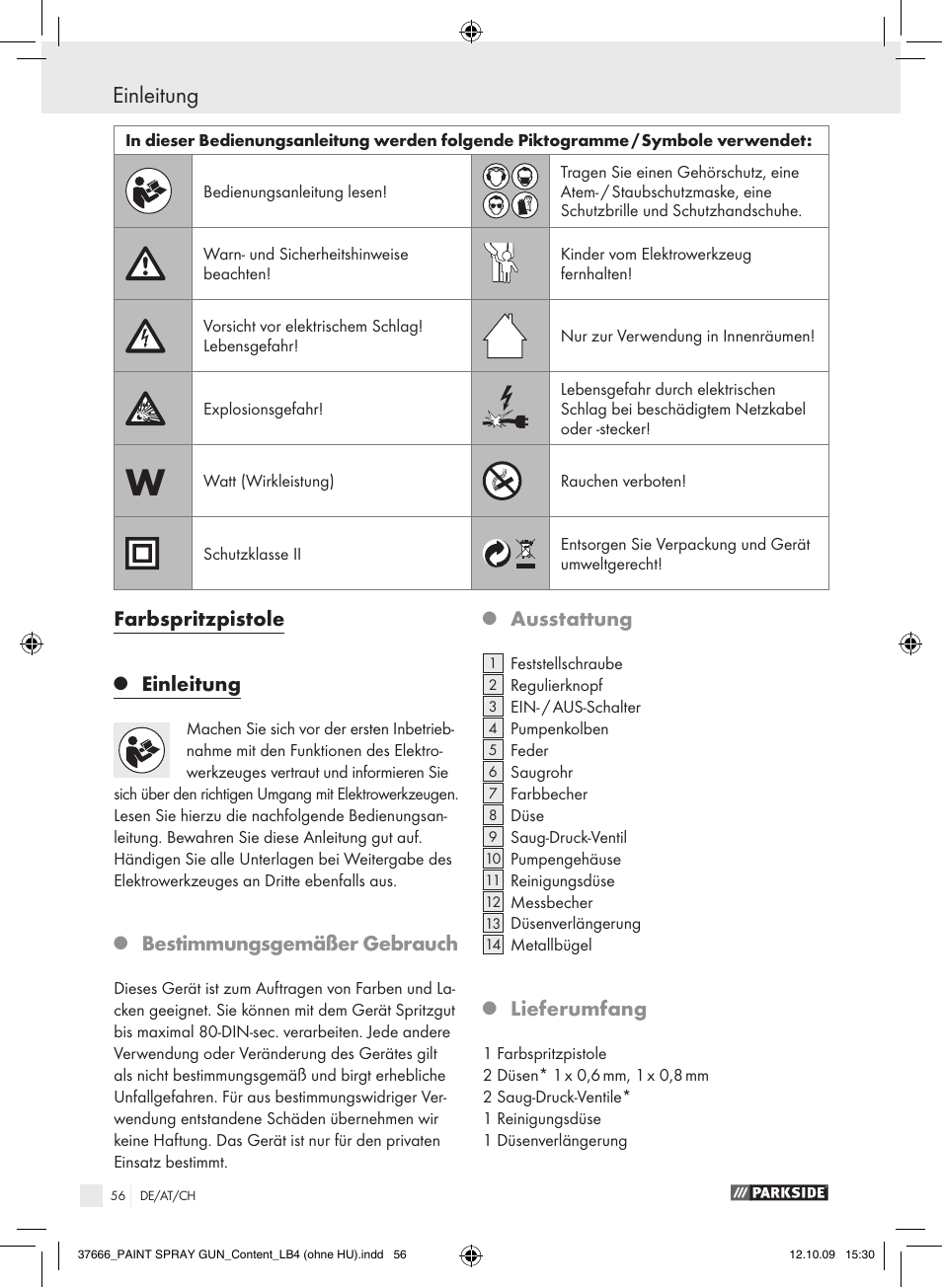 Einleitung, Farbspritzpistole, Bestimmungsgemäßer gebrauch | Ausstattung, Lieferumfang | Parkside PFSP 100 User Manual | Page 56 / 64