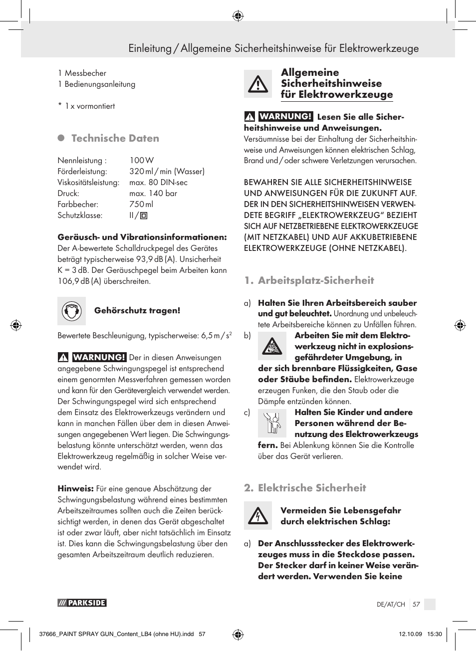 Technische daten, Arbeitsplatz-sicherheit, Elektrische sicherheit | Parkside PFSP 100 User Manual | Page 57 / 64