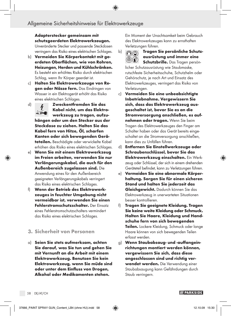 Sicherheit von personen | Parkside PFSP 100 User Manual | Page 58 / 64