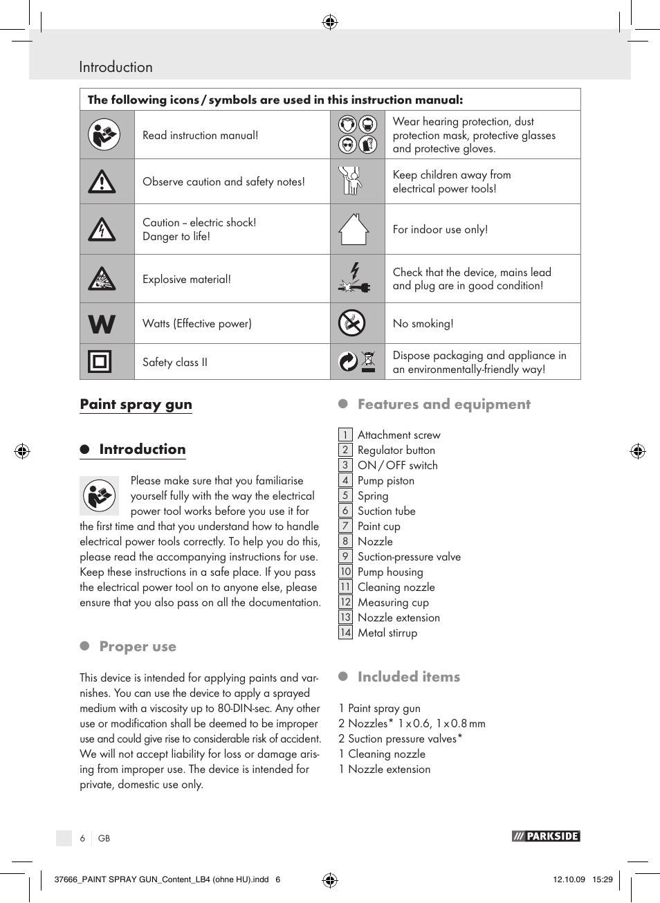 Introduction, Paint spray gun, Proper use | Features and equipment, Included items | Parkside PFSP 100 User Manual | Page 6 / 64