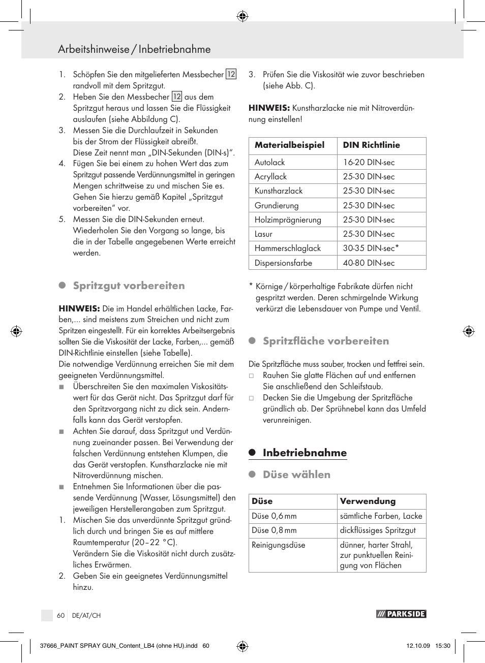 Arbeitshinweise / inbetriebnahme, Spritzgut vorbereiten, Spritzfläche vorbereiten | Inbetriebnahme, Düse wählen | Parkside PFSP 100 User Manual | Page 60 / 64
