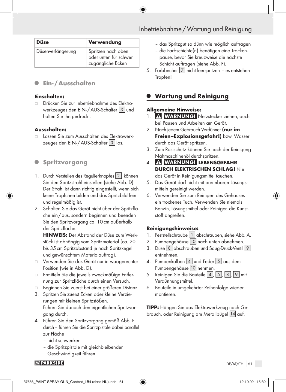 Inbetriebnahme / wartung und reinigung, Ein- / ausschalten, Spritzvorgang | Wartung und reinigung | Parkside PFSP 100 User Manual | Page 61 / 64