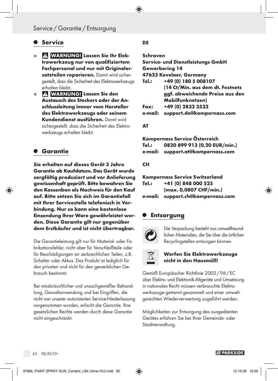 Service / garantie / entsorgung, Service, Garantie | Entsorgung | Parkside PFSP 100 User Manual | Page 62 / 64