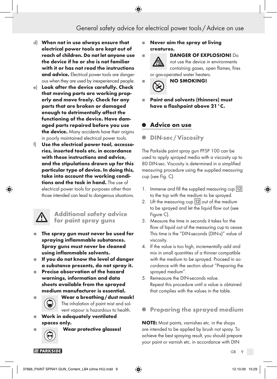 Additional safety advice for paint spray guns, Advice on use, Din-sec / viscosity | Preparing the sprayed medium | Parkside PFSP 100 User Manual | Page 9 / 64