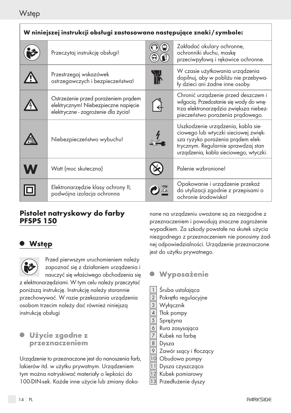 Pistolet natryskowy do farby pfsps 150, Wstęp, Użycie zgodne z przeznaczeniem | Wyposażenie | Parkside PFSPS150 User Manual | Page 12 / 65