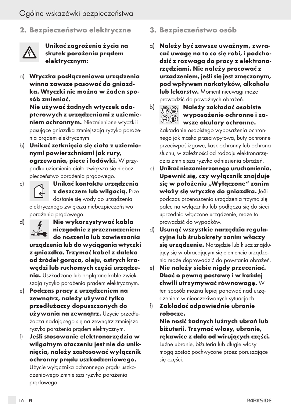 Ogólne wskazówki bezpieczeństwa, Bezpieczeństwo elektryczne, Bezpieczeństwo osób | Parkside PFSPS150 User Manual | Page 14 / 65