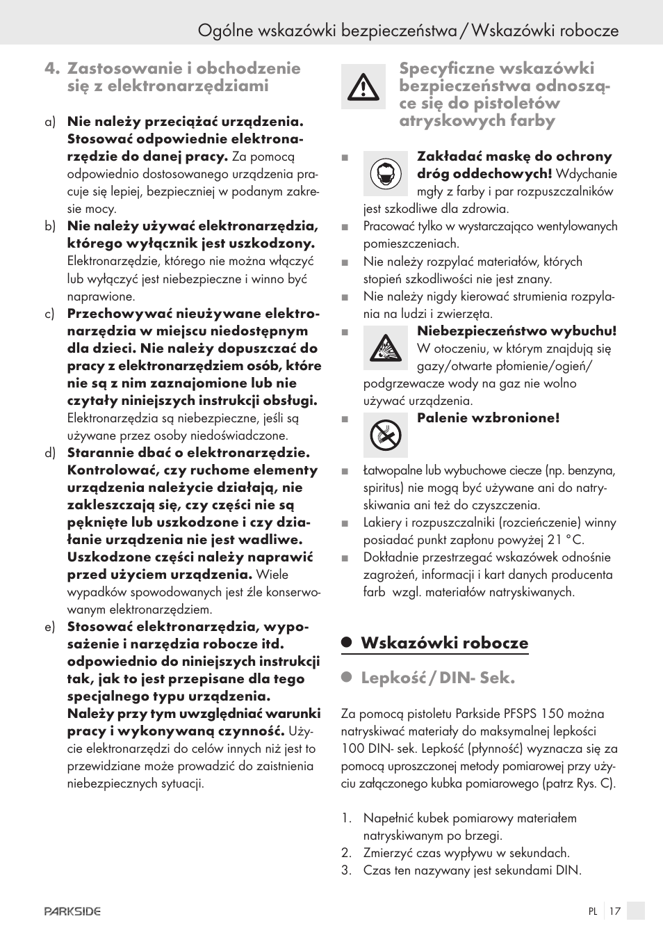 Wskazówki robocze, Lepkość / din- sek | Parkside PFSPS150 User Manual | Page 15 / 65