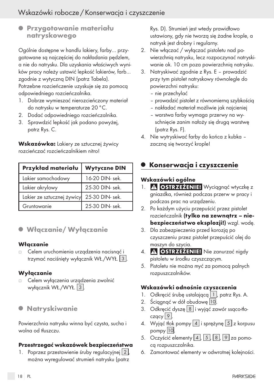 Wskazówki robocze / konserwacja i czyszczenie, Przygotowanie materiału natryskowego, Włączanie/ wyłączanie | Natryskiwanie, Konserwacja i czyszczenie | Parkside PFSPS150 User Manual | Page 16 / 65