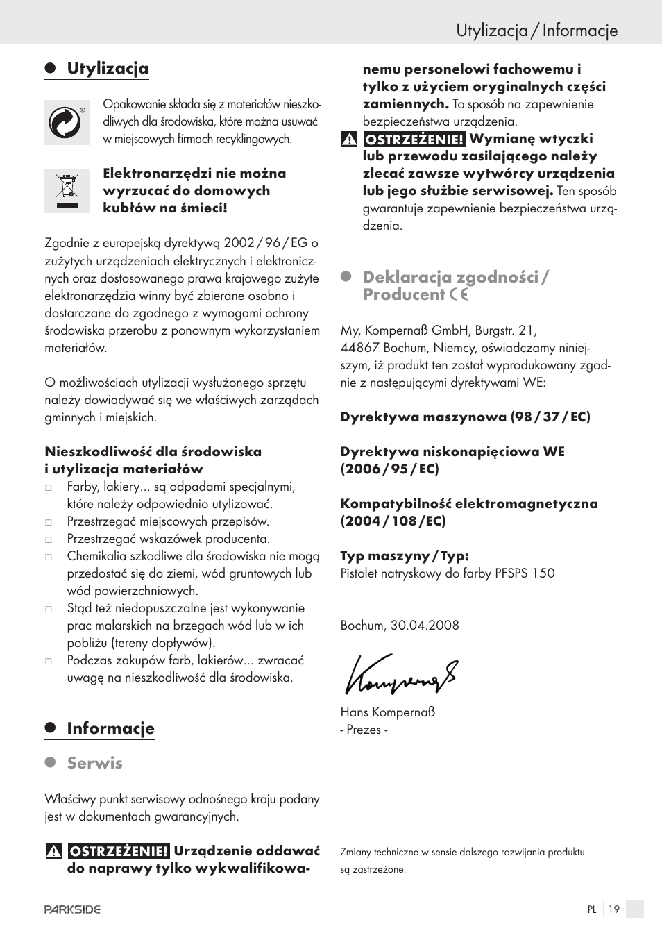 Utylizacja / informacje, Utylizacja, Informacje | Serwis, Deklaracja zgodności / producent | Parkside PFSPS150 User Manual | Page 17 / 65