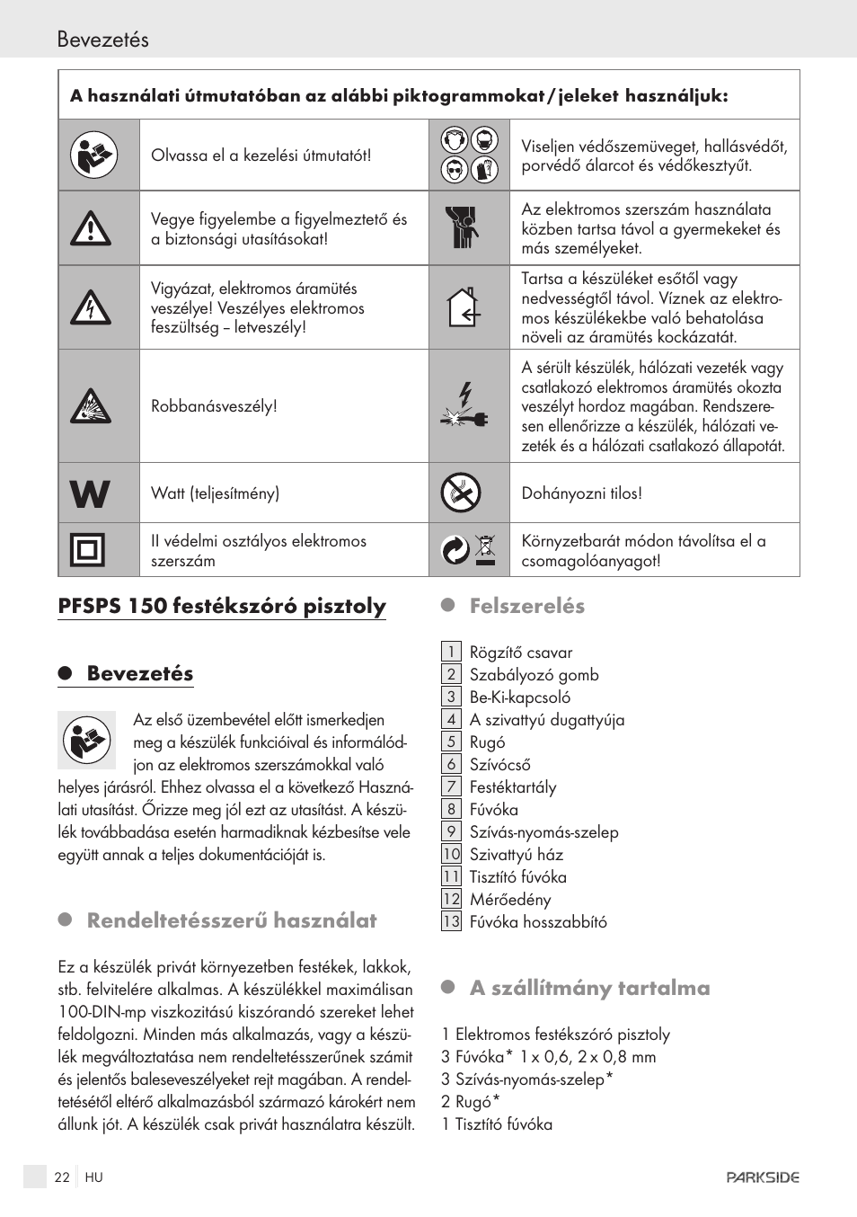 Pfsps 150 festékszóró pisztoly, Bevezetés, Rendeltetésszerű használat | Felszerelés, A szállítmány tartalma | Parkside PFSPS150 User Manual | Page 20 / 65