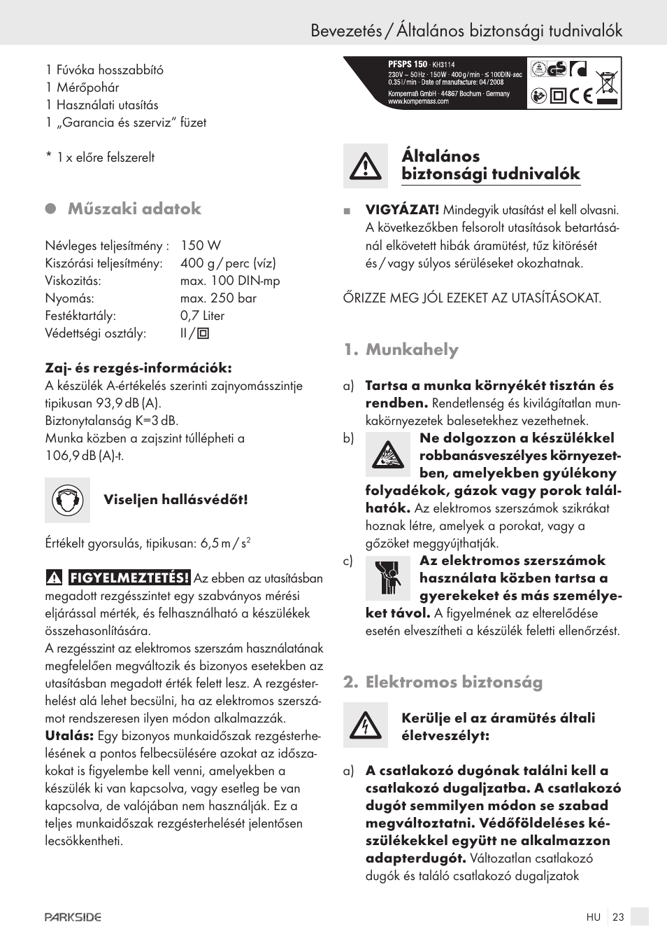 Bevezetés / általános biztonsági tudnivalók, Műszaki adatok, Általános biztonsági tudnivalók | Munkahely, Elektromos biztonság | Parkside PFSPS150 User Manual | Page 21 / 65