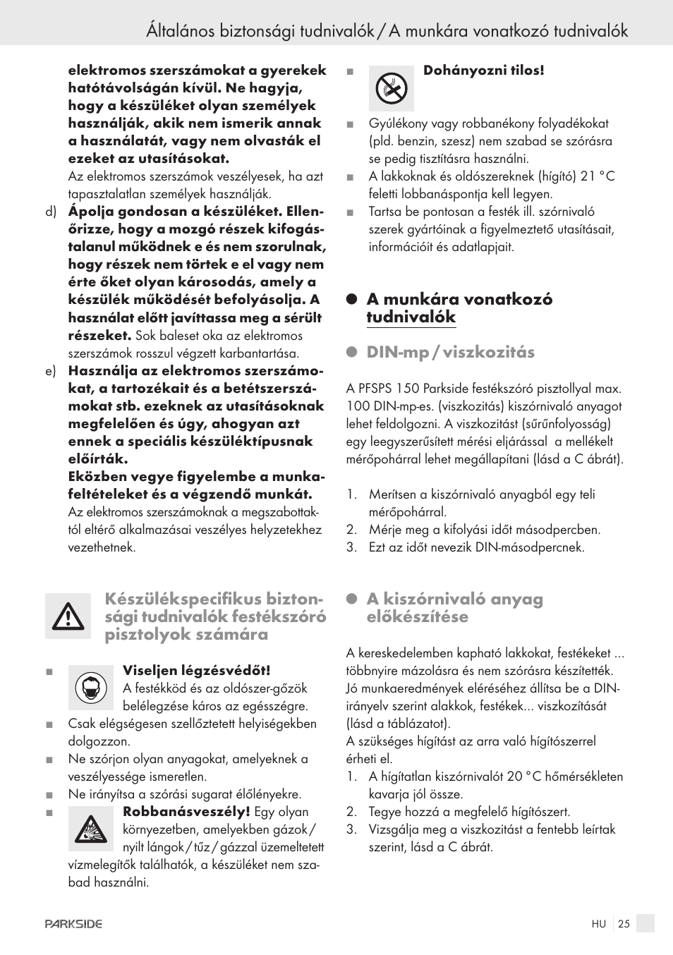 A munkára vonatkozó tudnivalók, Din-mp / viszkozitás, A kiszórnivaló anyag előkészítése | Parkside PFSPS150 User Manual | Page 23 / 65