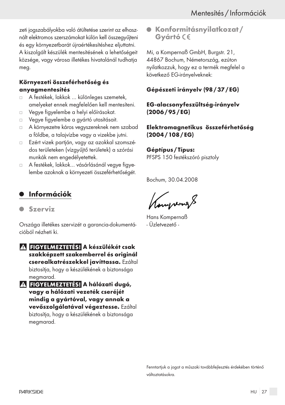 Mentesítés / információk, Információk, Szerviz | Konformitásnyilatkozat / gyártó | Parkside PFSPS150 User Manual | Page 25 / 65