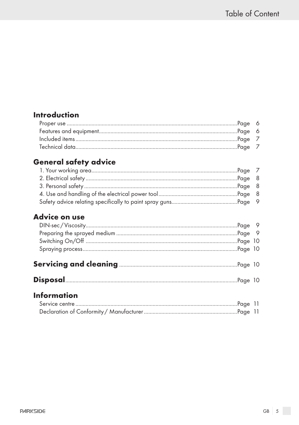 Table of content | Parkside PFSPS150 User Manual | Page 3 / 65