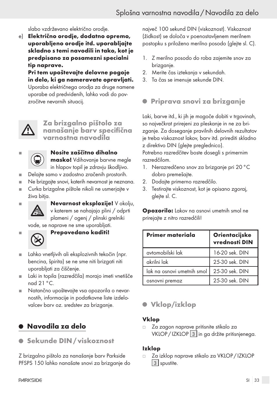 Splošna varnostna navodila / navodila za delo, Navodila za delo, Sekunde din / viskoznost | Priprava snovi za brizganje, Vklop/izklop | Parkside PFSPS150 User Manual | Page 31 / 65