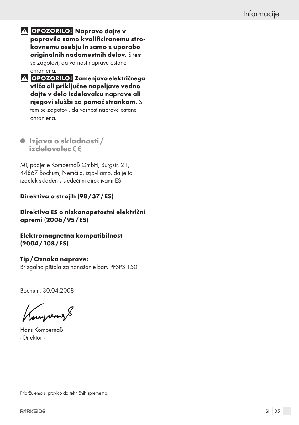 Informacije, Izjava o skladnosti / izdelovalec | Parkside PFSPS150 User Manual | Page 33 / 65
