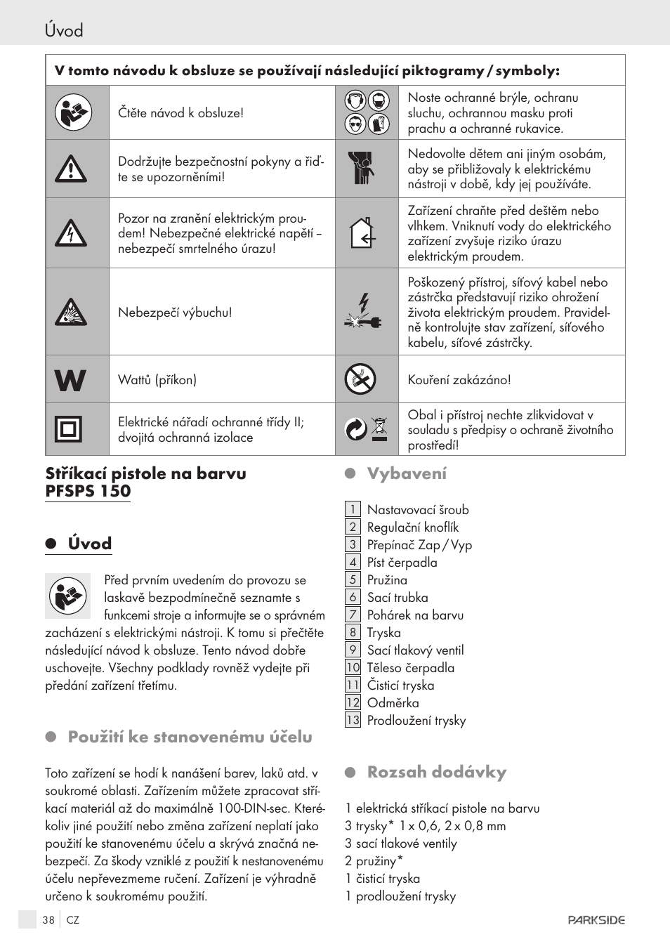 Stříkací pistole na barvu pfsps 150, Úvod, Použití ke stanovenému účelu | Vybavení, Rozsah dodávky | Parkside PFSPS150 User Manual | Page 36 / 65