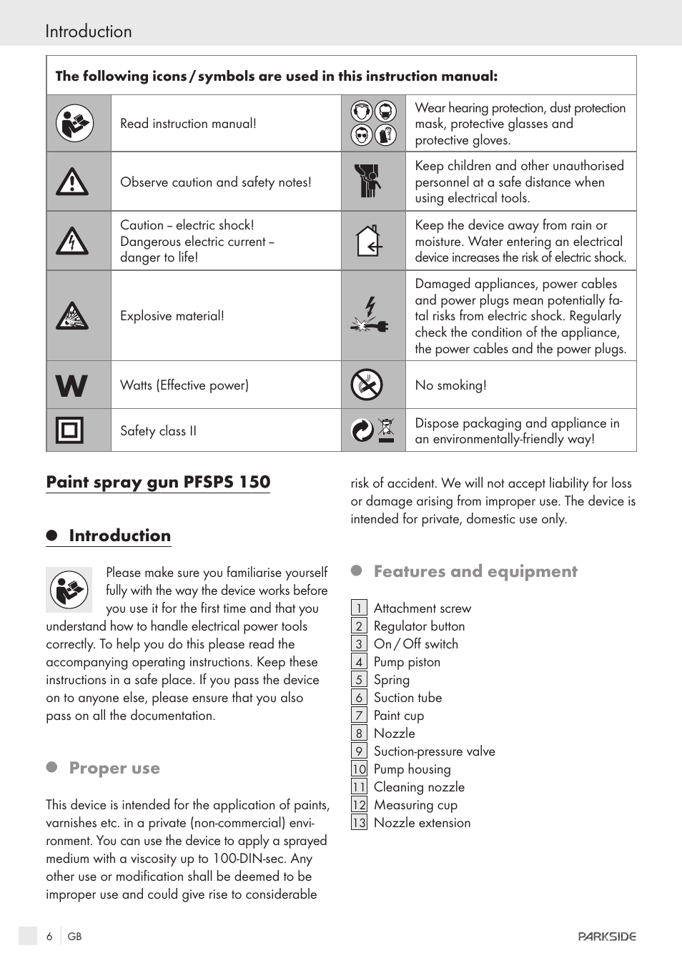 Paint spray gun pfsps 150, Introduction, Proper use | Features and equipment | Parkside PFSPS150 User Manual | Page 4 / 65