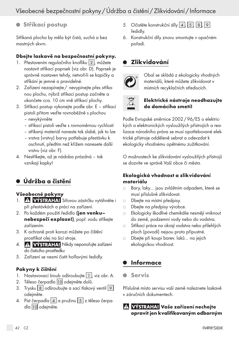 Stříkací postup, Údržba a čistění, Zlikvidování | Informace, Servis | Parkside PFSPS150 User Manual | Page 40 / 65