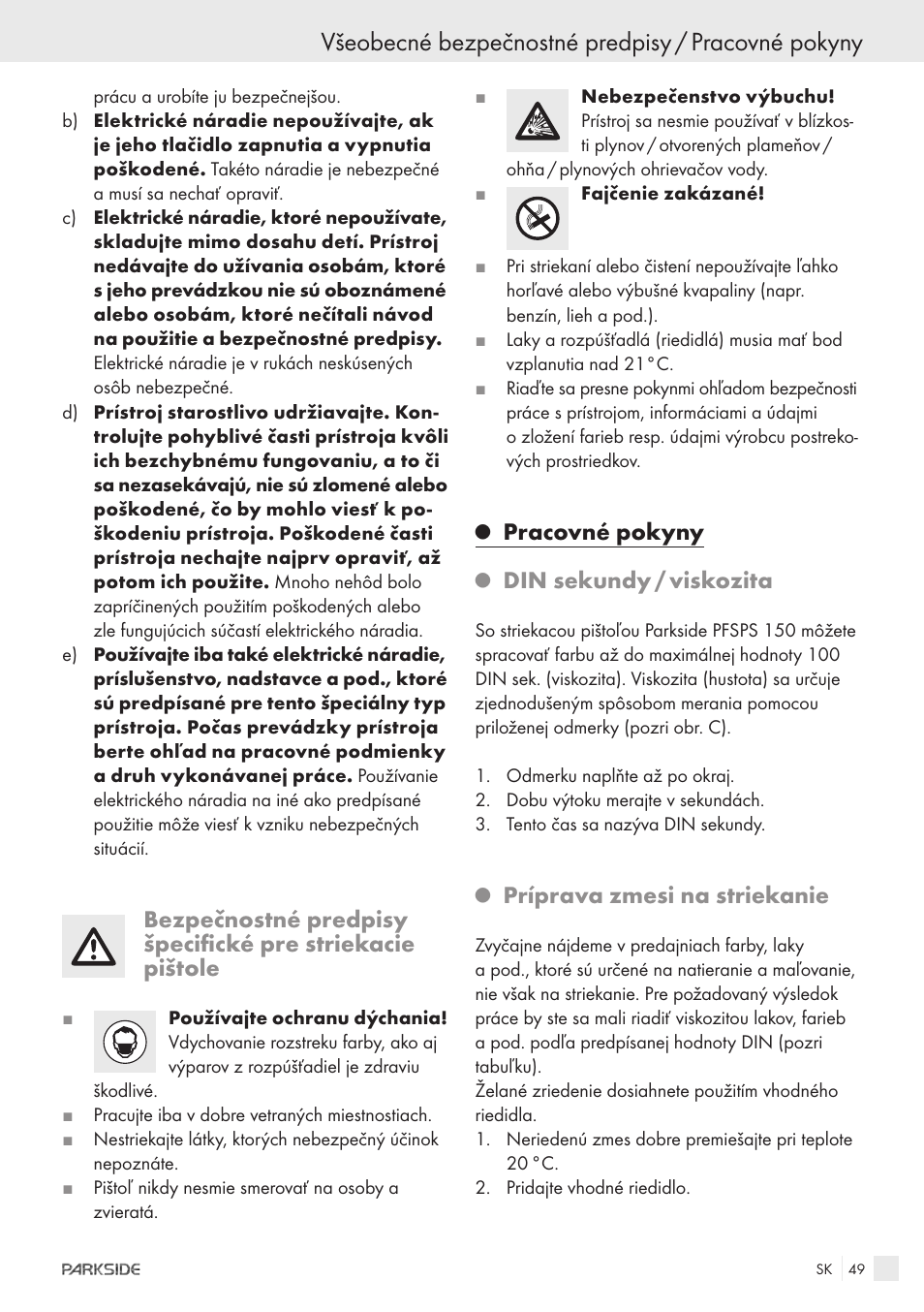 Všeobecné bezpečnostné predpisy / pracovné pokyny, Pracovné pokyny, Din sekundy / viskozita | Príprava zmesi na striekanie | Parkside PFSPS150 User Manual | Page 47 / 65