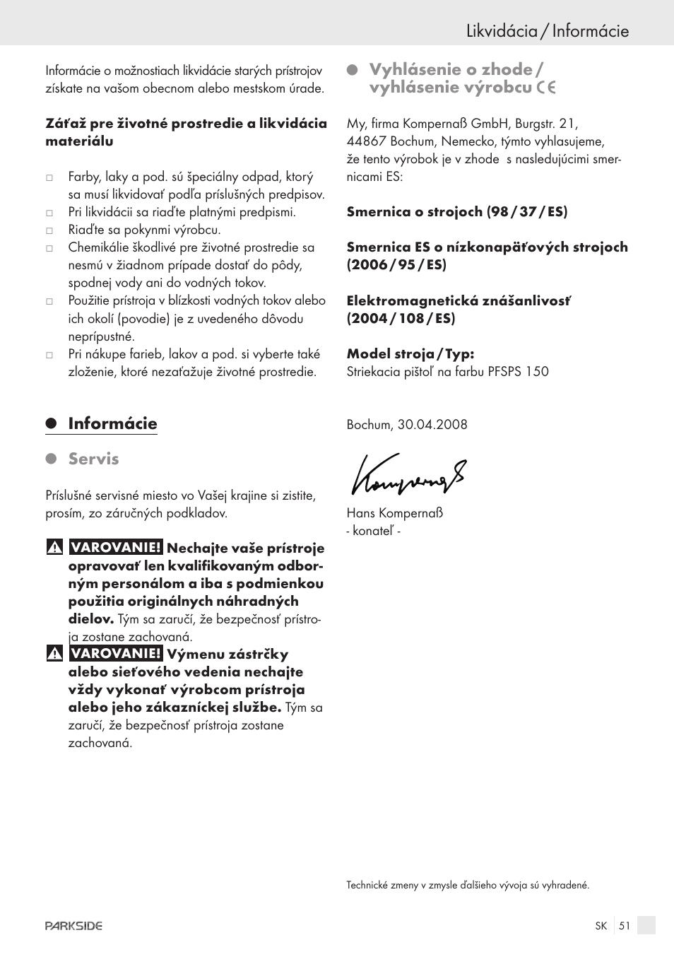 Likvidácia / informácie, Informácie, Servis | Vyhlásenie o zhode / vyhlásenie výrobcu | Parkside PFSPS150 User Manual | Page 49 / 65