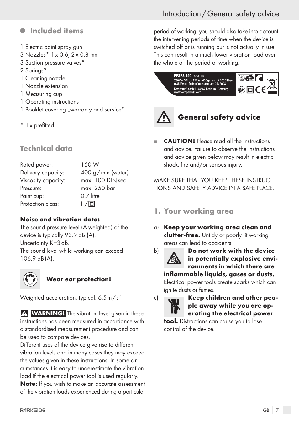 Introduction / general safety advice, Included items, Technical data | General safety advice, Your working area | Parkside PFSPS150 User Manual | Page 5 / 65