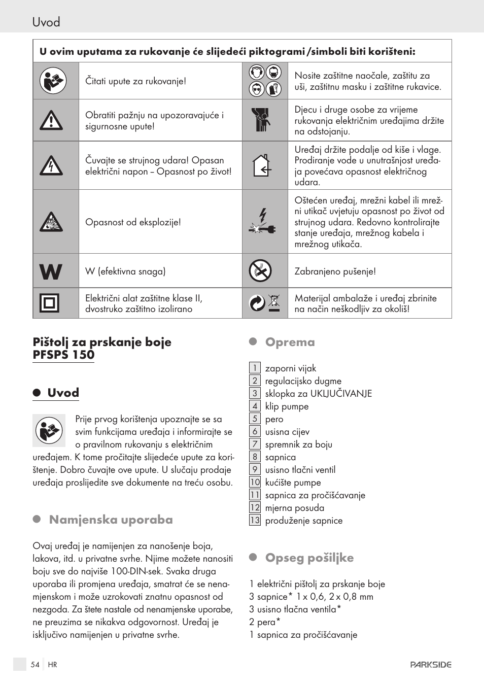 Pištolj za prskanje boje pfsps 150, Uvod, Namjenska uporaba | Oprema, Opseg pošiljke | Parkside PFSPS150 User Manual | Page 52 / 65