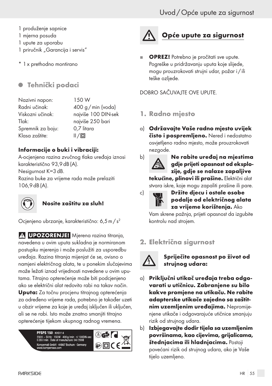 Uvod / opće upute za sigurnost, Tehnički podaci, Opće upute za sigurnost | Radno mjesto, Električna sigurnost | Parkside PFSPS150 User Manual | Page 53 / 65