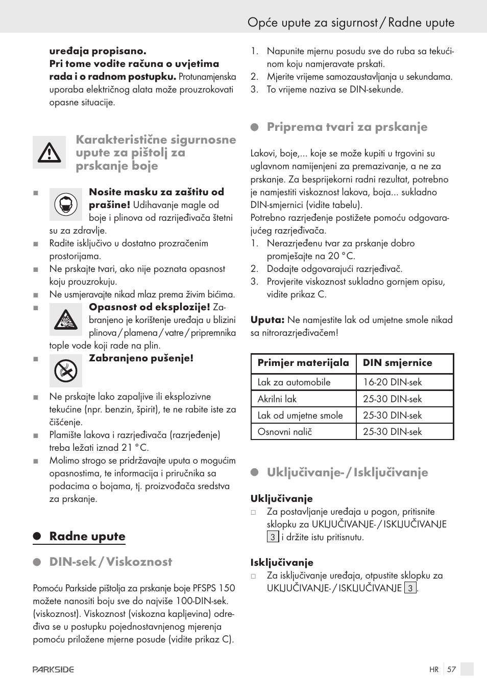 Opće upute za sigurnost / radne upute, Radne upute, Din-sek / viskoznost | Priprema tvari za prskanje, Uključivanje- / isključivanje | Parkside PFSPS150 User Manual | Page 55 / 65