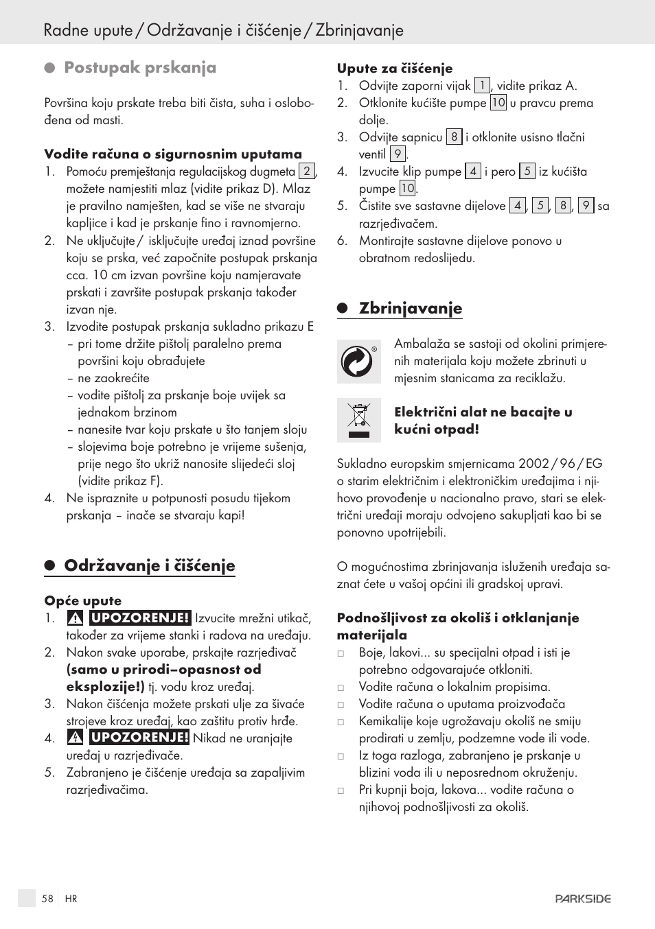 Radne upute / održavanje i čišćenje / zbrinjavanje, Postupak prskanja, Održavanje i čišćenje | Zbrinjavanje | Parkside PFSPS150 User Manual | Page 56 / 65