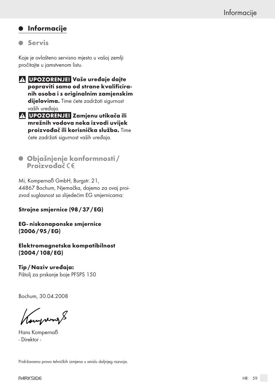 Informacije, Servis, Objašnjenje konformnosti / proizvođač | Parkside PFSPS150 User Manual | Page 57 / 65