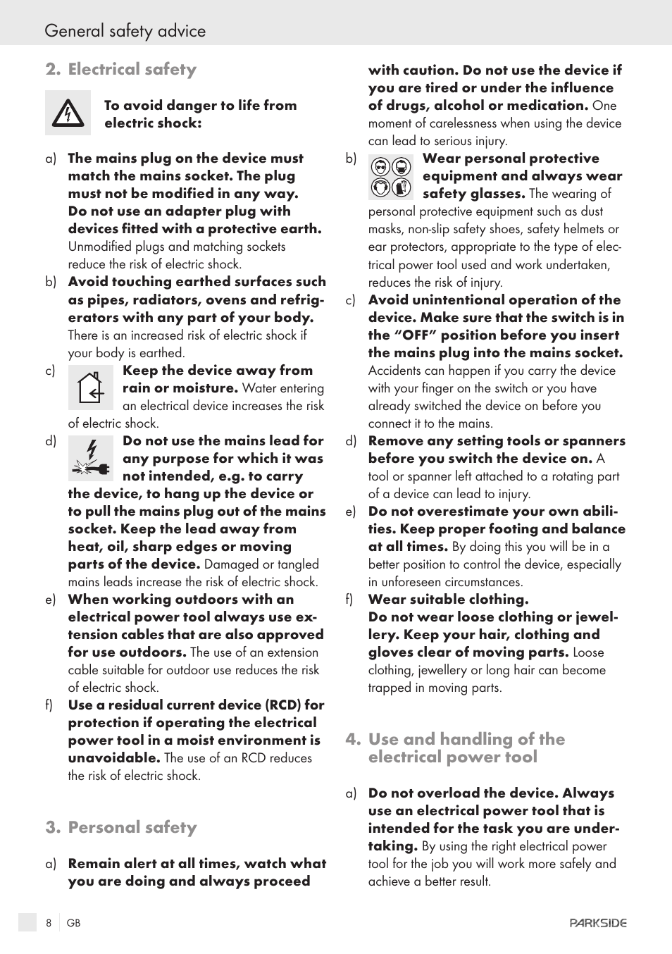 General safety advice, Electrical safety, Personal safety | Use and handling of the electrical power tool | Parkside PFSPS150 User Manual | Page 6 / 65